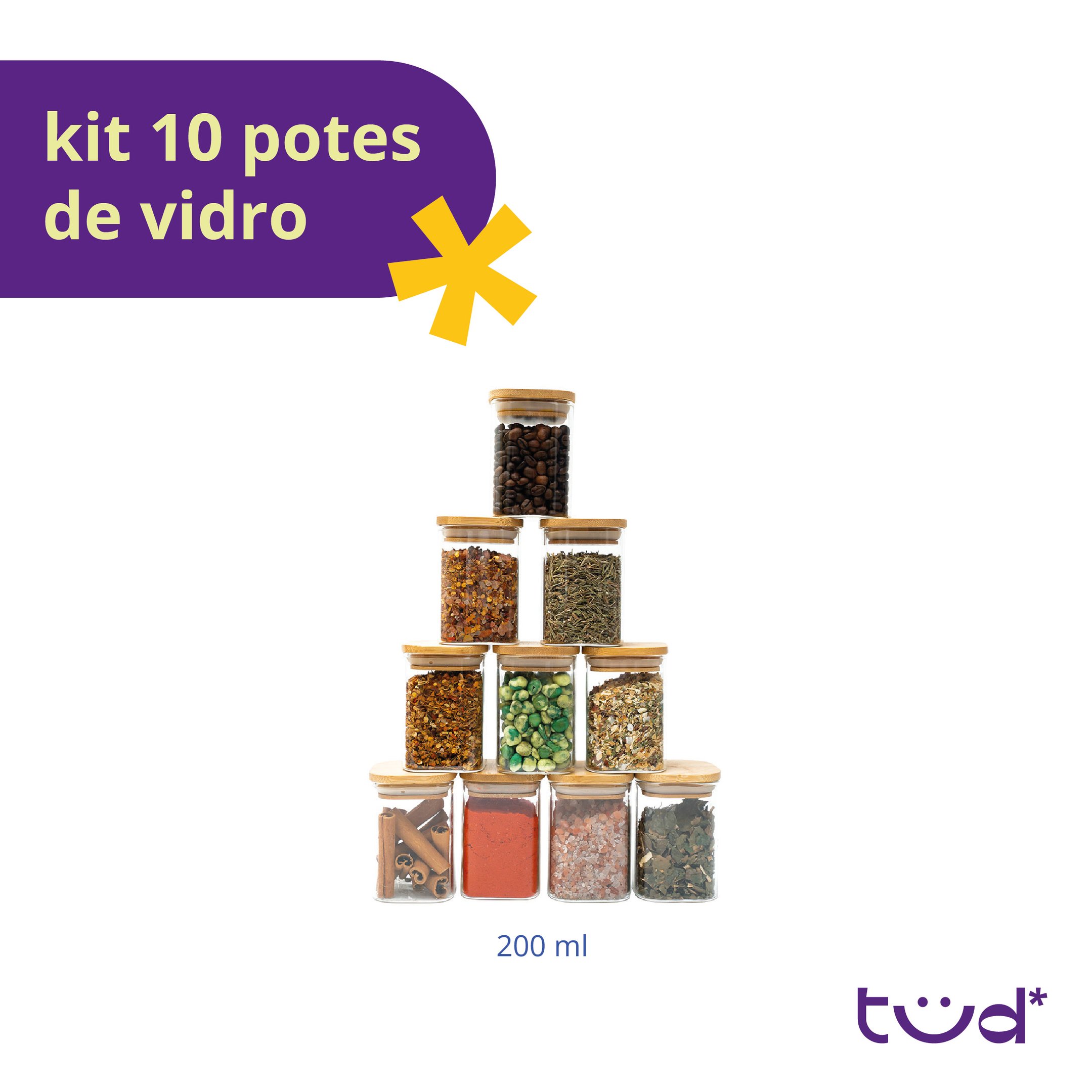 Kit 10 Potes de Vidro 200ml Tampa de Bambu Herméticos Quadrados - Tüd - 3