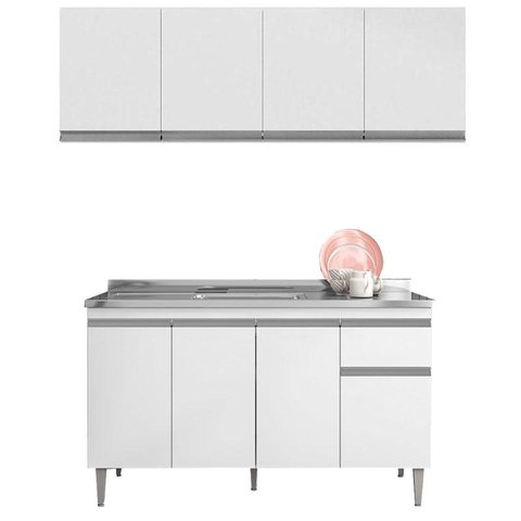 Balcão de Pia Tatiane 145 Cm e Armário Aéreo Andréia 4 Portas 160 Cm Branco Brilho - Ajl