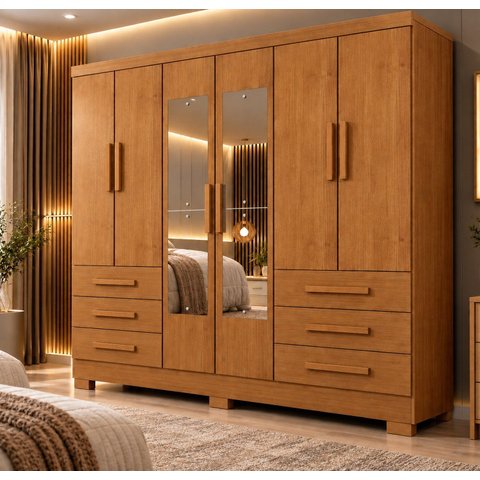 Guarda Roupa Casal com Espelho 6 Portas 6 Gavetas Dakar Novo Horizonte Marrom/Cinamomo