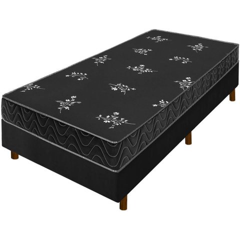 Cama Box Preta + Colchão Solteiro Salta Liso Espuma D23 88x188x51cm