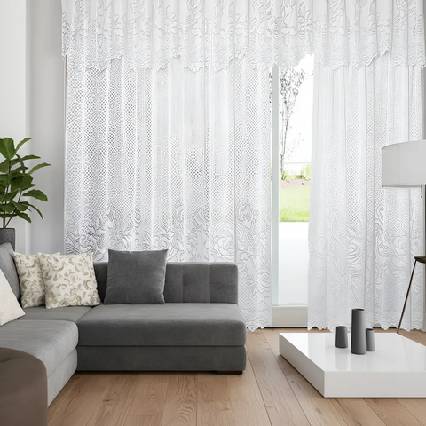 Cortina Renda Roseiral Sala Branco 3,00x1,80 c/ Bando