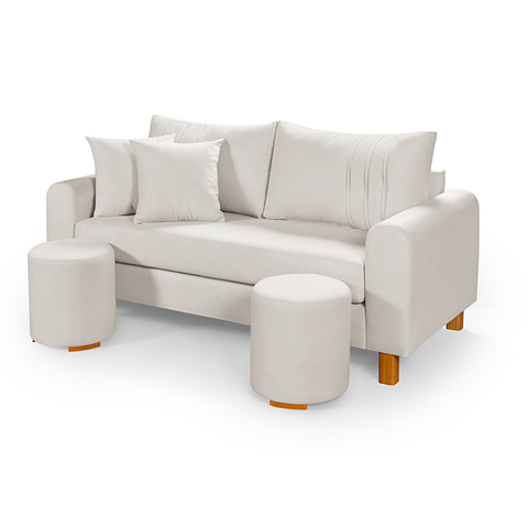 Sofa Living 185cm com Dois Puff Tecido Boucle Almofadas Soltas Pes em Madeira: Off White
