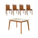 Ver imagem 1 de Mesa Jantar Luxo Jade 120x90cm Off White com 4 Cadeiras Estofadas em Couro Pu Caramelo Madeira Maciç