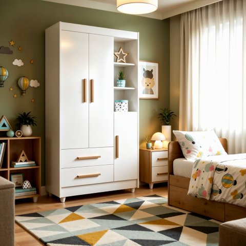 Guarda Roupa Infantil 100% MDF Flocos 3 Portas 2 Gavetas