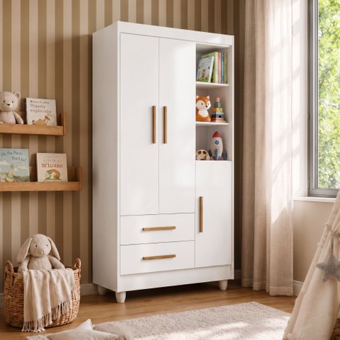 Guarda Roupa Infantil 100% MDF Flocos 3 Portas 2 Gavetas Branco/Flex Color/Ypê