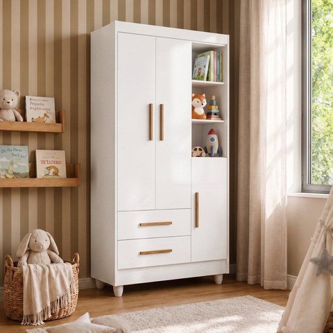 Guarda Roupa Infantil 100% MDF Flocos 3 Portas 2 Gavetas Branco/Flex Color/Ypê