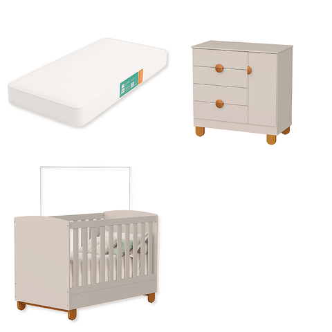 Quarto de Bebe Berço Americano + Comoda Infantil Apolo com Colchão Areia Fosco