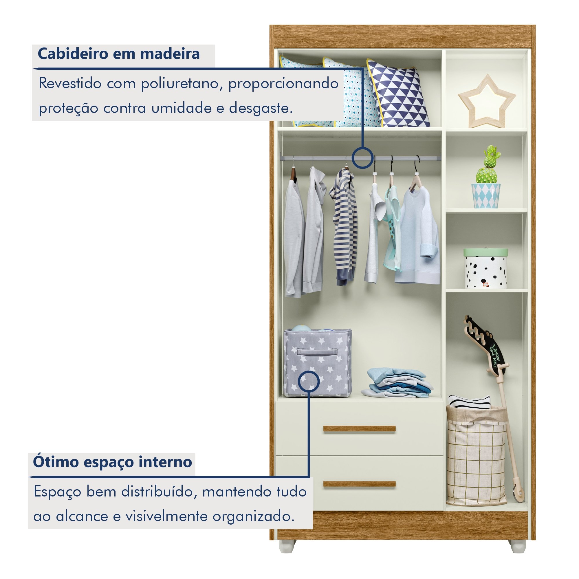 Guarda Roupa Infantil 100% MDF Flocos 3 Portas 2 Gavetas - 6