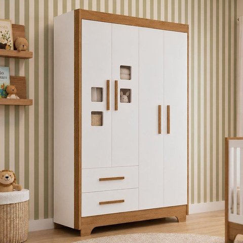 Guarda Roupa de Bebê 100% MDF 4 Portas 2 Gavetas Fly Branco/Flex Color/Ypê