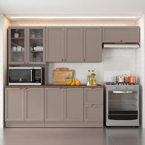 Cozinha Modulada Completa 4 Peças 10 Portas 2 Gavetas com Paneleiro Duplo Cristaleira Unna