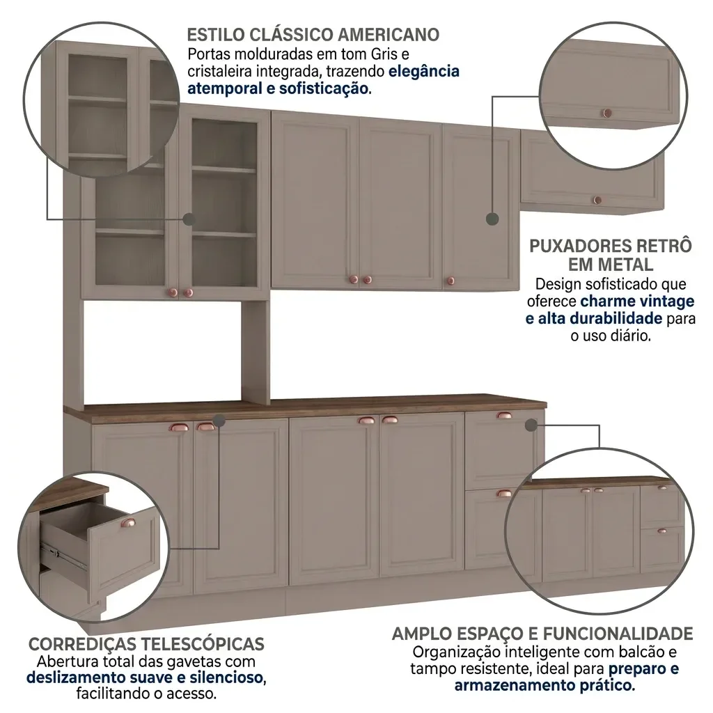 Ver imagem 5 de Cozinha Completa Modulada Americana 4 Peças com Paneleiro Torre Quente e Balcão com Tampo Unna Yesca