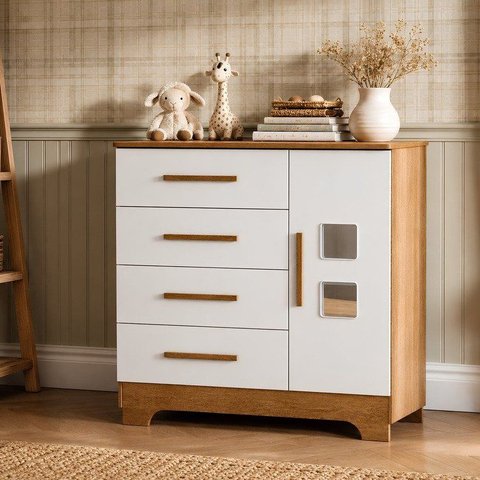 Cômoda 4 Gavetas 1 Porta Fly 100% MDF Branco/Madeirado Ypê