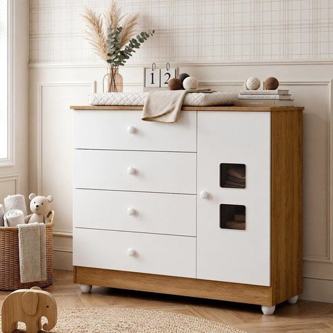 Cômoda de Bebê 100% MDF 1 Porta 4 Gavetas Life Branco/Madeirado Ypê