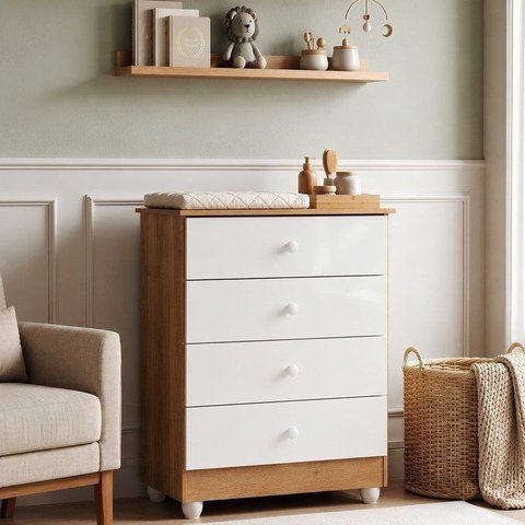 Cômoda de Bebê 100% MDF 4 Gavetas Soft Life Branco/Madeirado Ypê