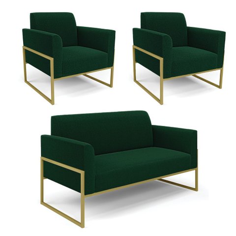 Namoradeira e 2 Poltronas Industrial Alta Dourado Marisa Bouclê Verde D03 - D’Rossi