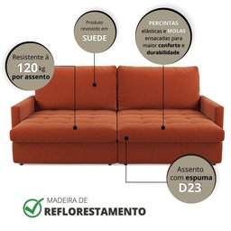 Sofá-cama Valência Retrátil 4 Lugares Suede Terracota 214cm - 6