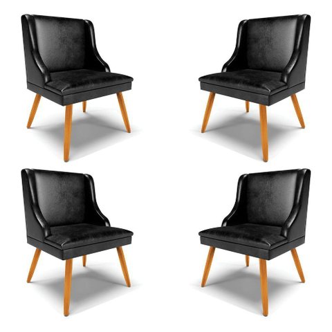 Kit 4 Cadeiras Decorativas Sala de Jantar Pés Palito de Madeira Firenze Pu Preto Brilho/natural G19
