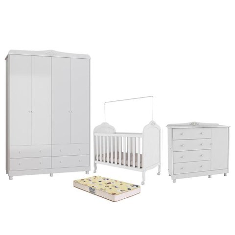 Dormitório Infantil Elô Guarda Roupa, Cômoda e Berço Branco Brilho com Colchão Supreme - Mó
