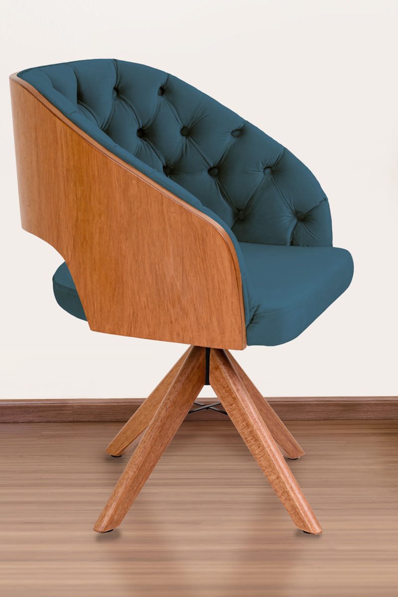 Poltrona Decorativa Mari Laminada Pé Giratório de Madeira Capitonê Cor:azul