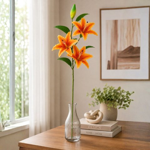 Haste Lírio Permanente 3D Silicone Laranja 100cm com 3 Flores e 1 Botão