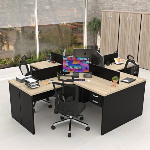 Conjunto Escrivaninha Mesa de Canto em L Ilha 4 Lugares Office Carvalho e Preto Bege