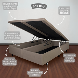 Cama Box com Baú Queen 158x198x42 Cm com Pistão a Gás Courino Linho - 5