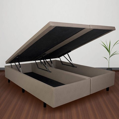 Cama Box com Baú Queen 158x198x42 Cm com Pistão a Gás Courino Linho