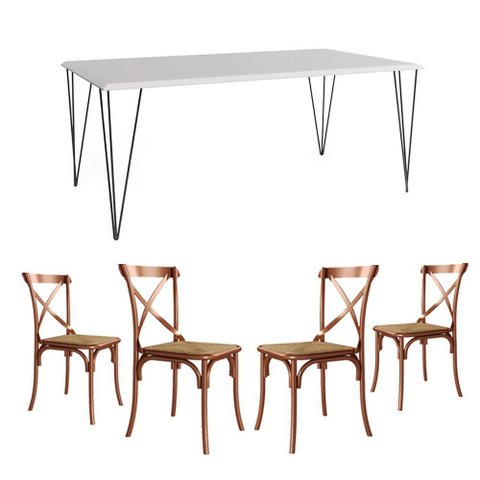 Conjunto de Mesa Elen Retangular Tampo de Madeira 140x80cm Branco com 4 Cadeiras Katrina Cobre