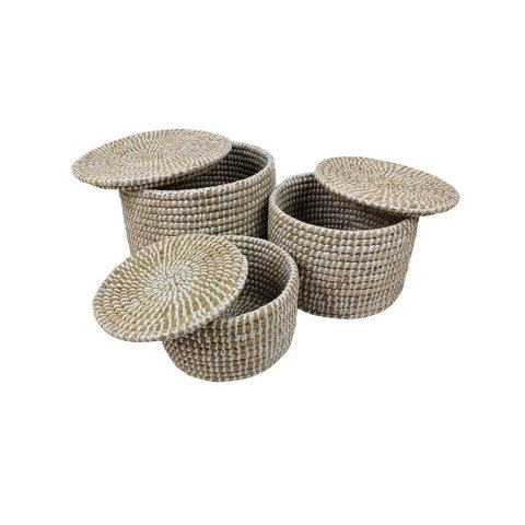 Kit 03 Pcs Cesto Fibra Natural com Tampa Decorativo
