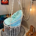 Ver imagem 2 de Cadeira Suspensa de Macrame Corda Algodão Cru com Almofada Verde Água Rede para Dormir