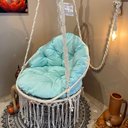 Ver imagem 1 de Cadeira Suspensa de Macrame Corda Algodão Cru com Almofada Verde Água Rede para Dormir