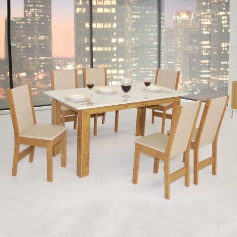 Conjunto Mesa Luiza Retangular com 6 Cadeiras Melina Asgard Bege Freijó e Off