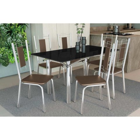 Conjunto: Mesa Sala Jantar Elba Tampo Madeirado C/ Vidro 160cm e 6 Cadeiras Florença Cromada/preto