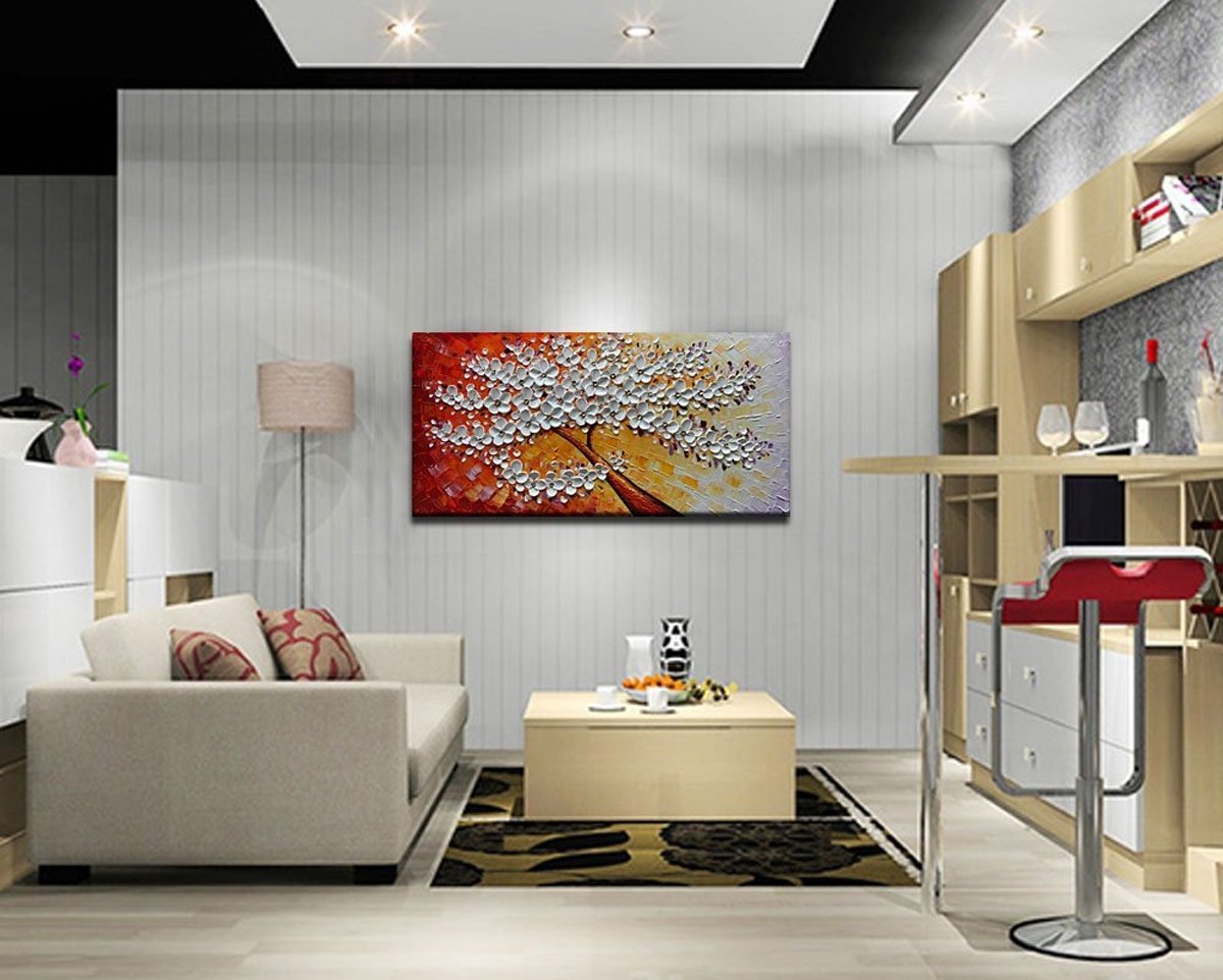 Quadro Pintura Tela árvore branca flor Sala de Estar 5364: 100cm (A) x 200cm (L) - 2