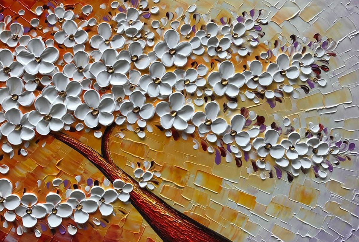 Quadro Pintura Tela árvore branca flor Sala de Estar 5364: 100cm (A) x 200cm (L) - 5