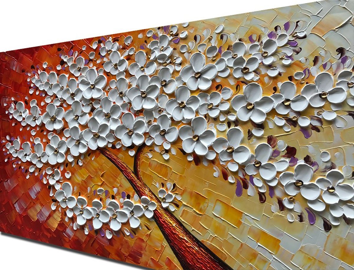 Quadro Pintura Tela árvore branca flor Sala de Estar 5364: 100cm (A) x 200cm (L) - 4