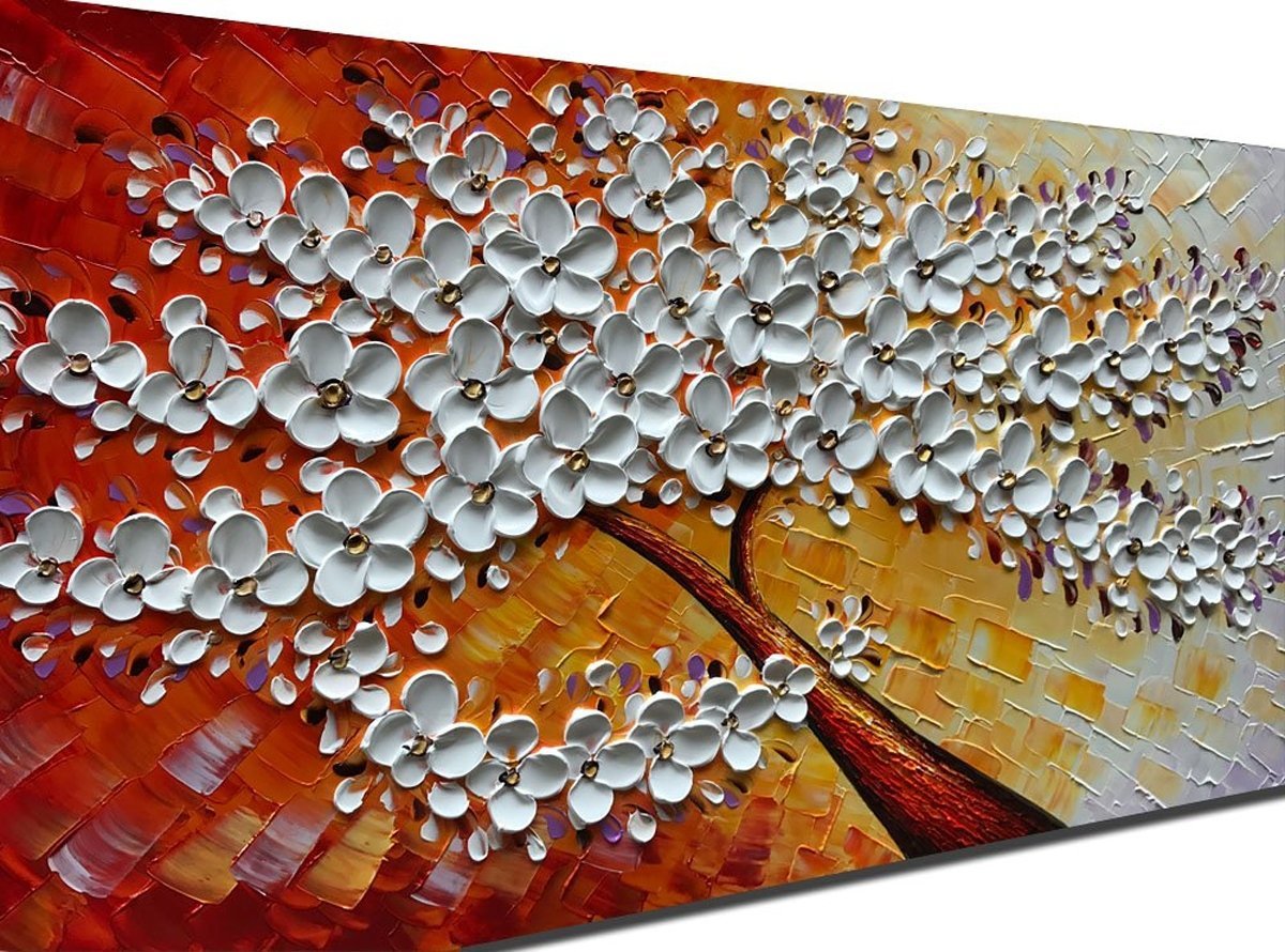 Quadro Pintura Tela árvore branca flor Sala de Estar 5364: 100cm (A) x 200cm (L) - 3