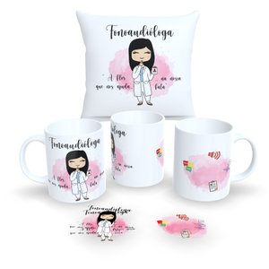 Kit com 1 Caneca de Porcelana e 1 Almofada 30x30cm Personalizadas Profissões Fofas "fonoaudiologa"