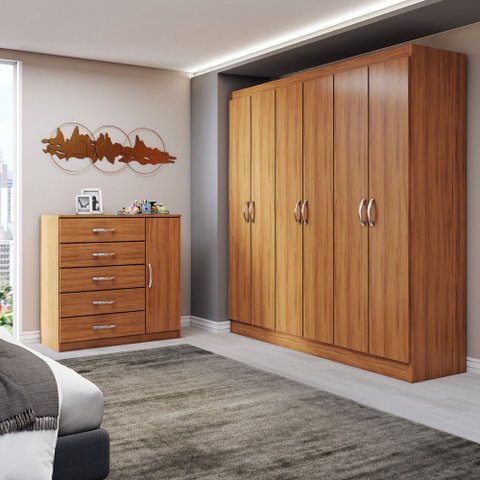 Guarda-roupa Casal Aurora 6 Portas 2 Gavetas com Cômoda 1 Portas 5 Gavetas Cinamomo - Panorama Móvei