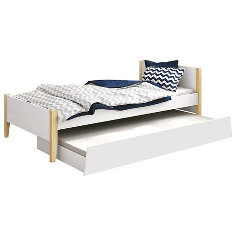 Cama Solteiro com Auxiliar Simba Branco Acetinado com Pés Natural – Reller