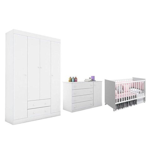 Dormitório Infantil Helena 5 Portas 6 Gavetas em MDP e MDF 147cm Branco Phoenix Baby