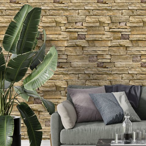 Papel de Parede Adesivo Pedras Grandes Tons Amarelado 15m