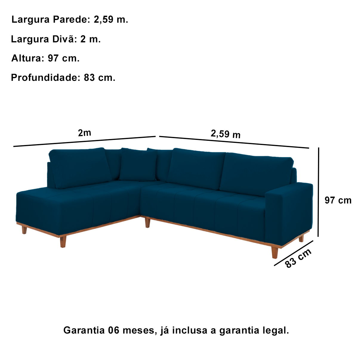 Sofá de Canto 4 Lugares Veludo Azul 2,59m Palau - 4