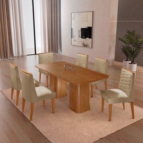 Conjunto Sala de Jantar Mesa Tampo MDF 6 Cadeiras Sakura Marrom/Marromle/Off White