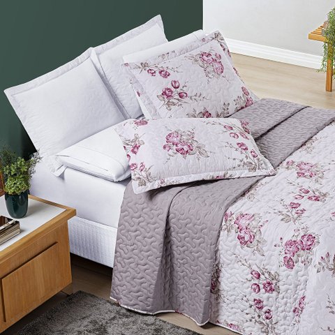 Kit Colcha Casa Xique Casal Queen Size Nyla Kit Cobre Leito Dupla Face 200 Fios:ROSE