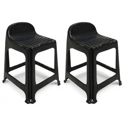 Kit 2 Banquetas de Plástico Banquinho com Encosto Preto Empilhável