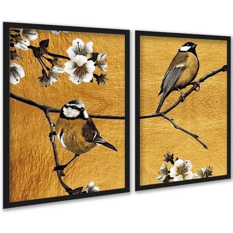 Kit 2 Quadros Pássaros Dourados Flores Cerejeira 24x18cm:moldura Preta