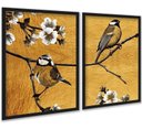Ver imagem 1 de Kit 2 Quadros Pássaros Dourados Flores Cerejeira 24x18cm:moldura Preta
