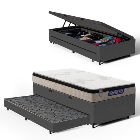 Cama Box Baú + Colchão Gazin de Espuma D33 Pillow In Force Mid + Auxiliar de Espuma Solteiro