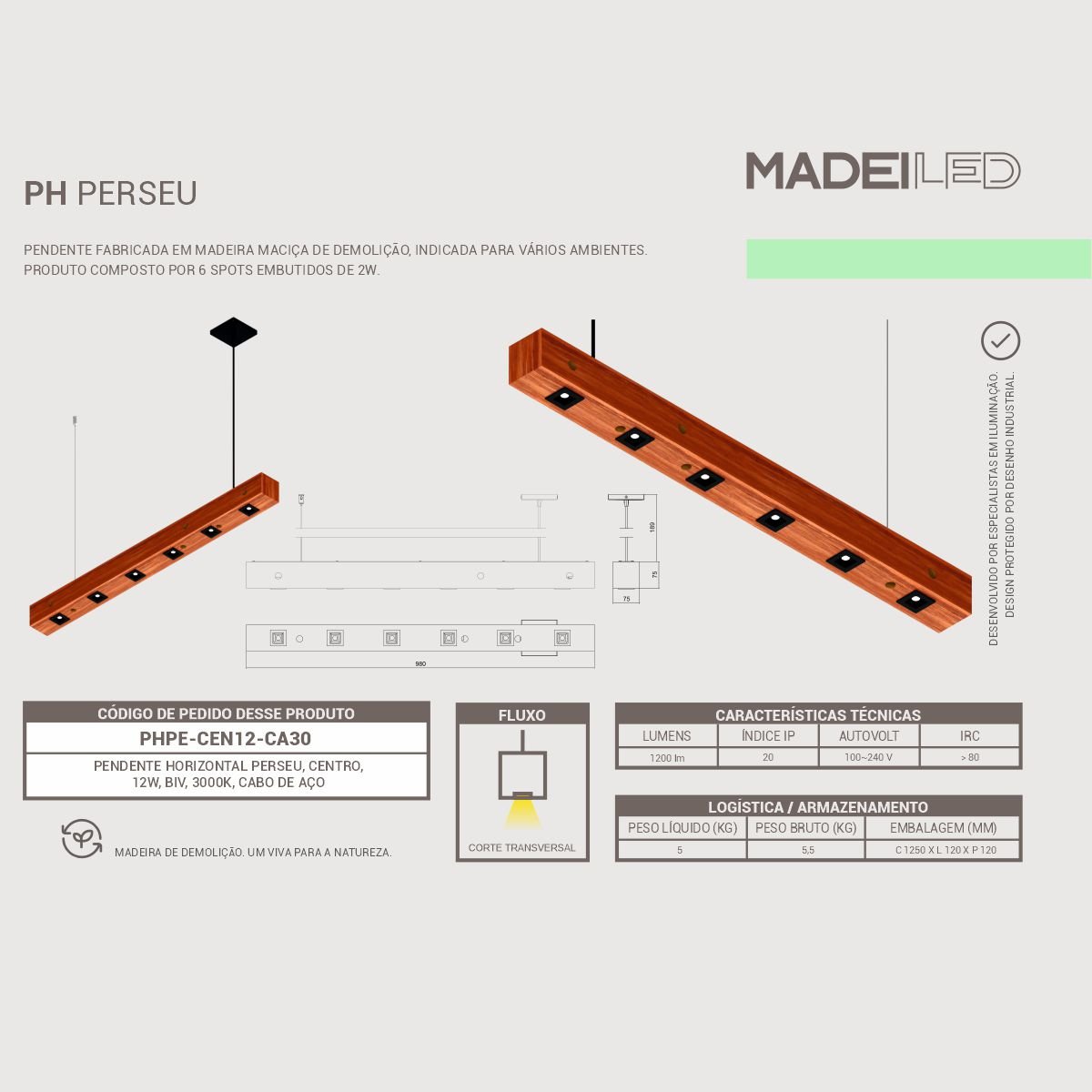 Pendente Horizontal Perseu 12w com 6 Spots Led - Madeira Maciça - 5